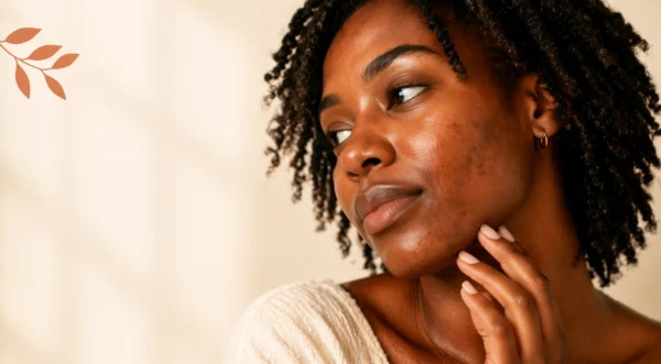 Nigerian woman touching her jawline with subtle acne blemishes — Davimo Skincare acne blog