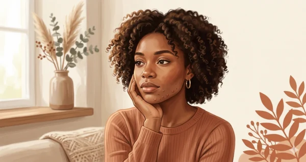 Nigerian woman with natural hair touching her jawline where hormonal acne appears — Davimo Skincare