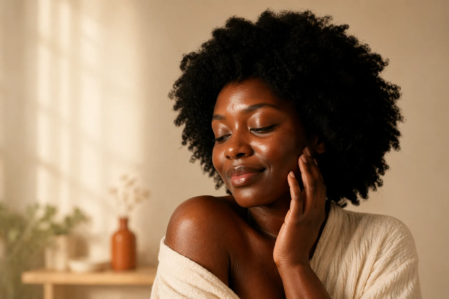 Confident Nigerian woman with glowing melanin skin touching her face — Davimo Skincare blog on acne and hyperpigmentation